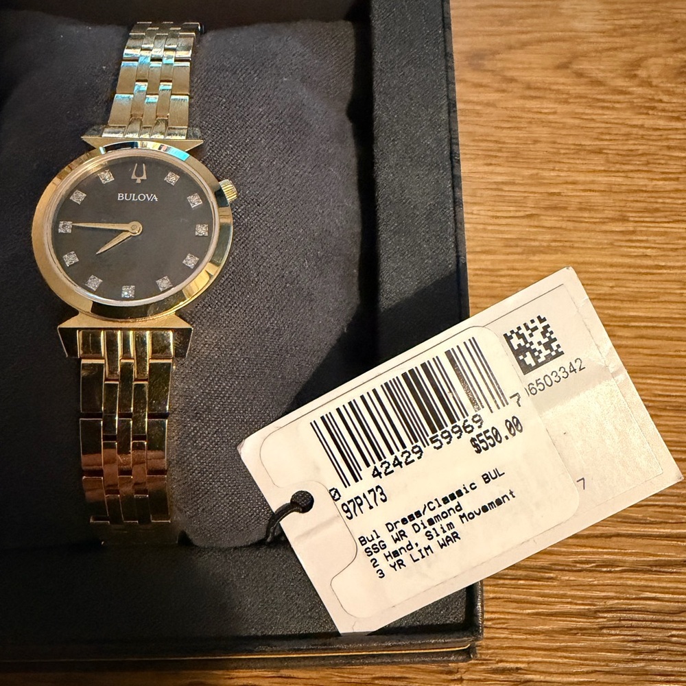 NWT Bulova Gold-Tone Bracelet Watch with Black Mother-of-Pearl Dial - Picture 3 of 4